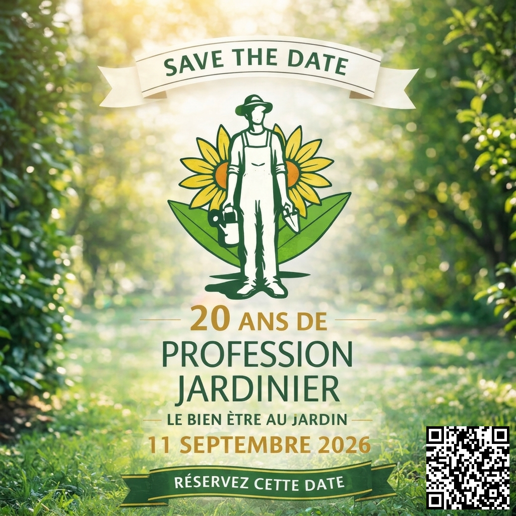 Le 11 septembre 2026, PROFESSION JARDINIER fête ses 20 ans, inscrivez-vous gratuitement en scannant le QR Code. Un anniversaire avec des animations autour du végétal et du goût avec des cadeaux à gagner!